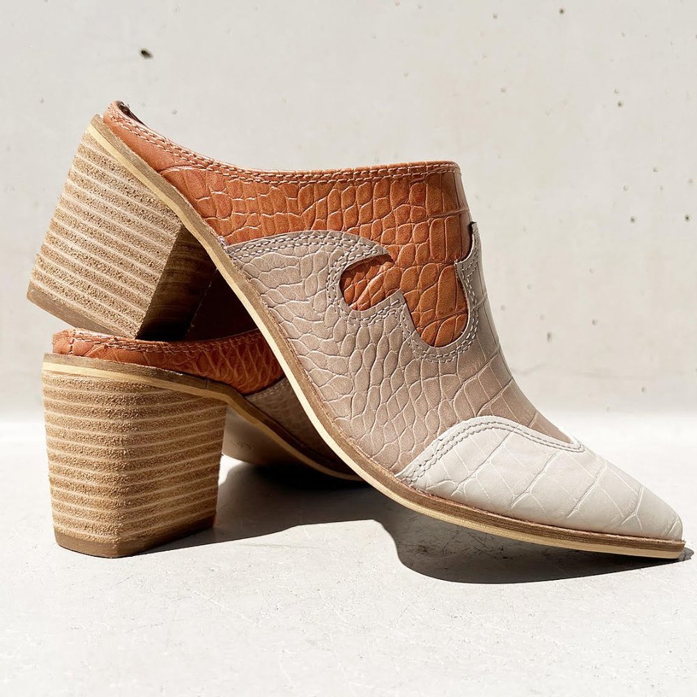 NEW Western Croc Embossed Colorblock Pointy Toe Block Heel Slip On Mules Shoes - Picture 4 of 13